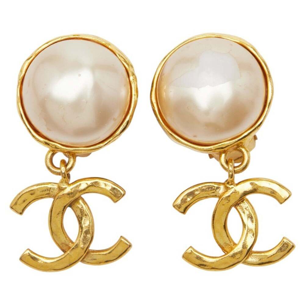 CHANEL Authentic Gold Pearl Logo Earrings - Picture 2 of 6